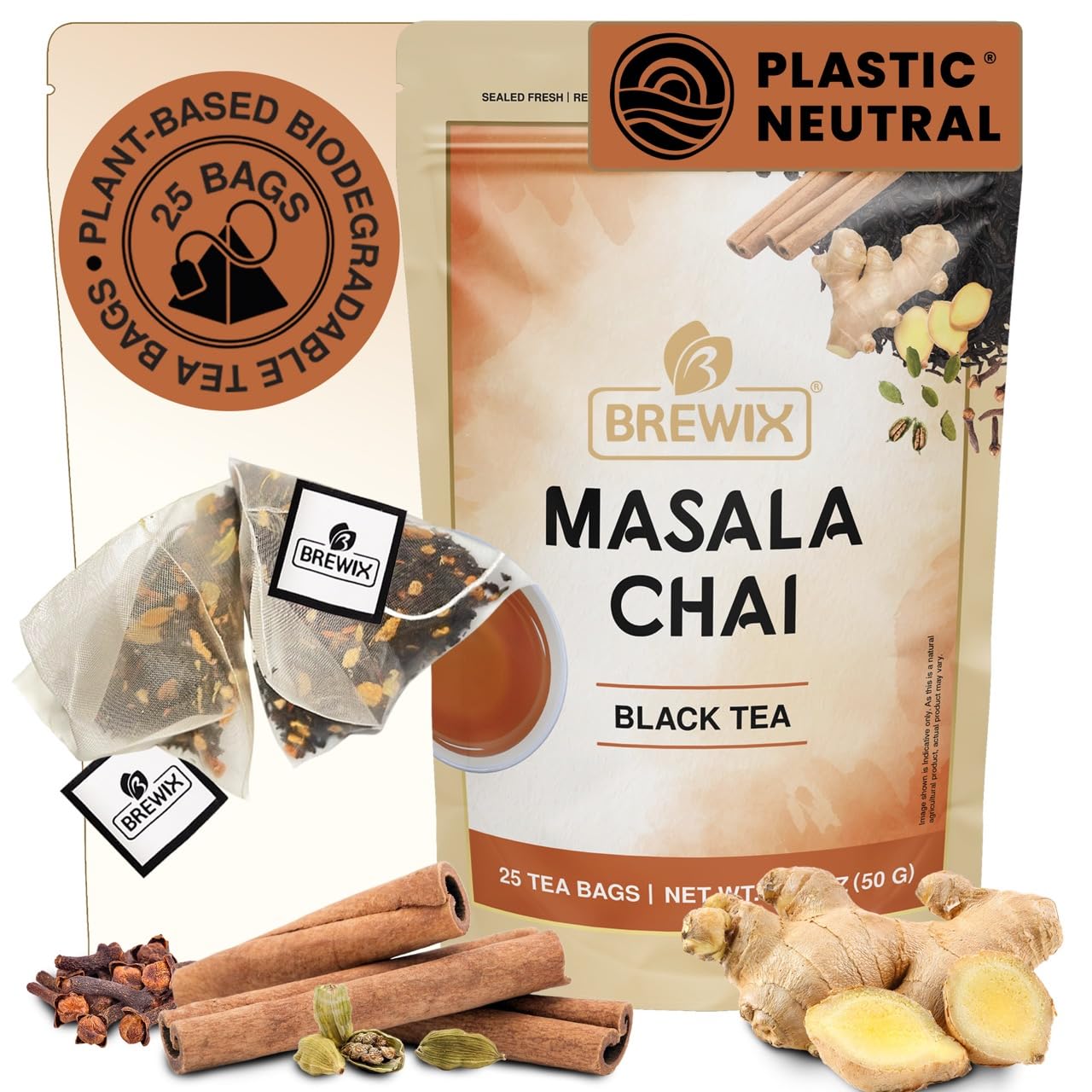 BREWIX, Masala Chai Tea Bags (25 Pyramid Tea Bags) Strong, Robust & Spicy - Pure Ingredients | Black Tea, Cinnamon, Ginger, Black Pepper, Cardamom & Cloves, Packed in Resealable Ziplock Pouch