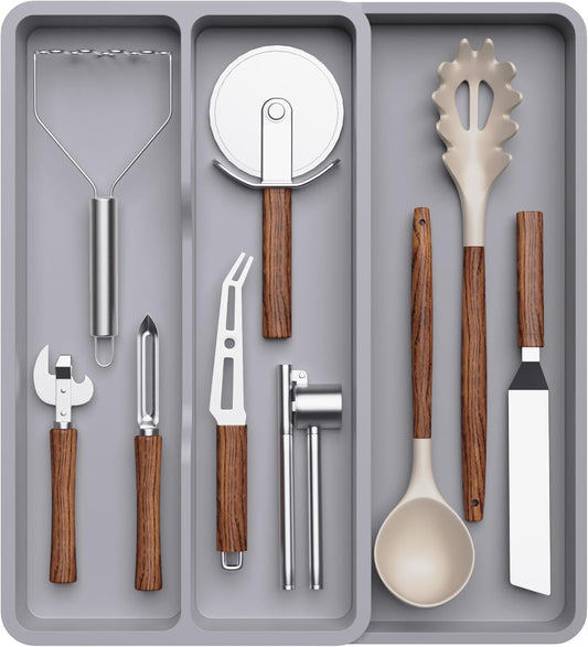 Lifewit Utensil Drawer Organizer, Expandable Cooking Silverware Tray for Kitchen Drawer, Adjustable Cutlery Flatware Holder, Plastic Spatula Tools and Gadgets Storage Divider, 3 Compartments, Gray