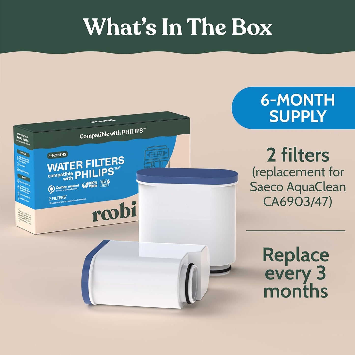 Roobi Philips Compatible Water Filters. Specially Designed for Philips Saeco Coffee Machines, Carbon Neutral Philips Aqua Clean Water Filters. 2 Pack, 6 Months Supply.