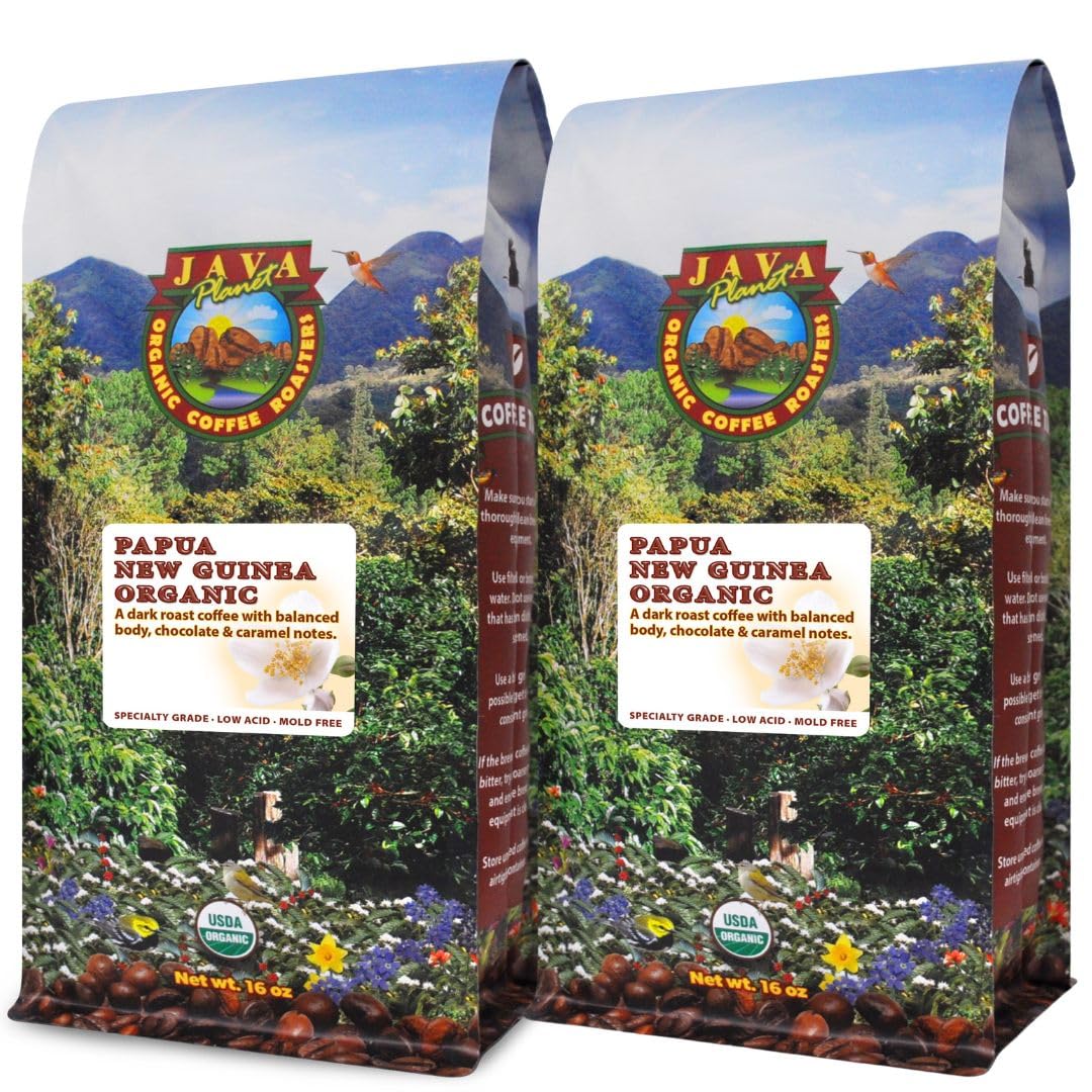 Low Acid Organic Coffee – Whole Bean, Mold-Free & Stomach Friendly by Java Planet, Papua New Guinea Single Origin Coffee, Dark Roast, Smooth Full Flavored, 2x1LB Bag