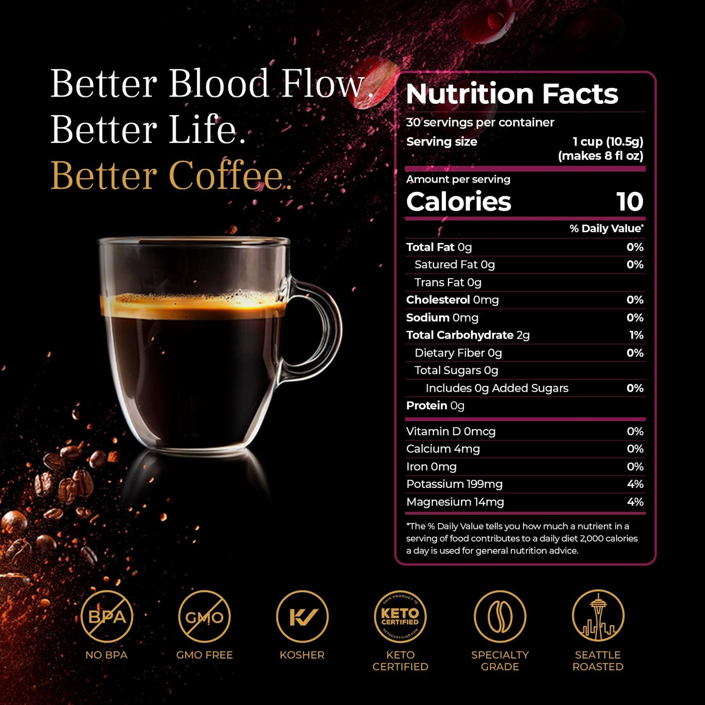 VINIA Blood Flow Energy Coffee Pods - Medium Roast Infused with Red Grape Piceid Resveratrol for Physical Energy & Mental Alertness, Compatible with K Cups Superfood Coffee, Full-Bodied, 30 Ct