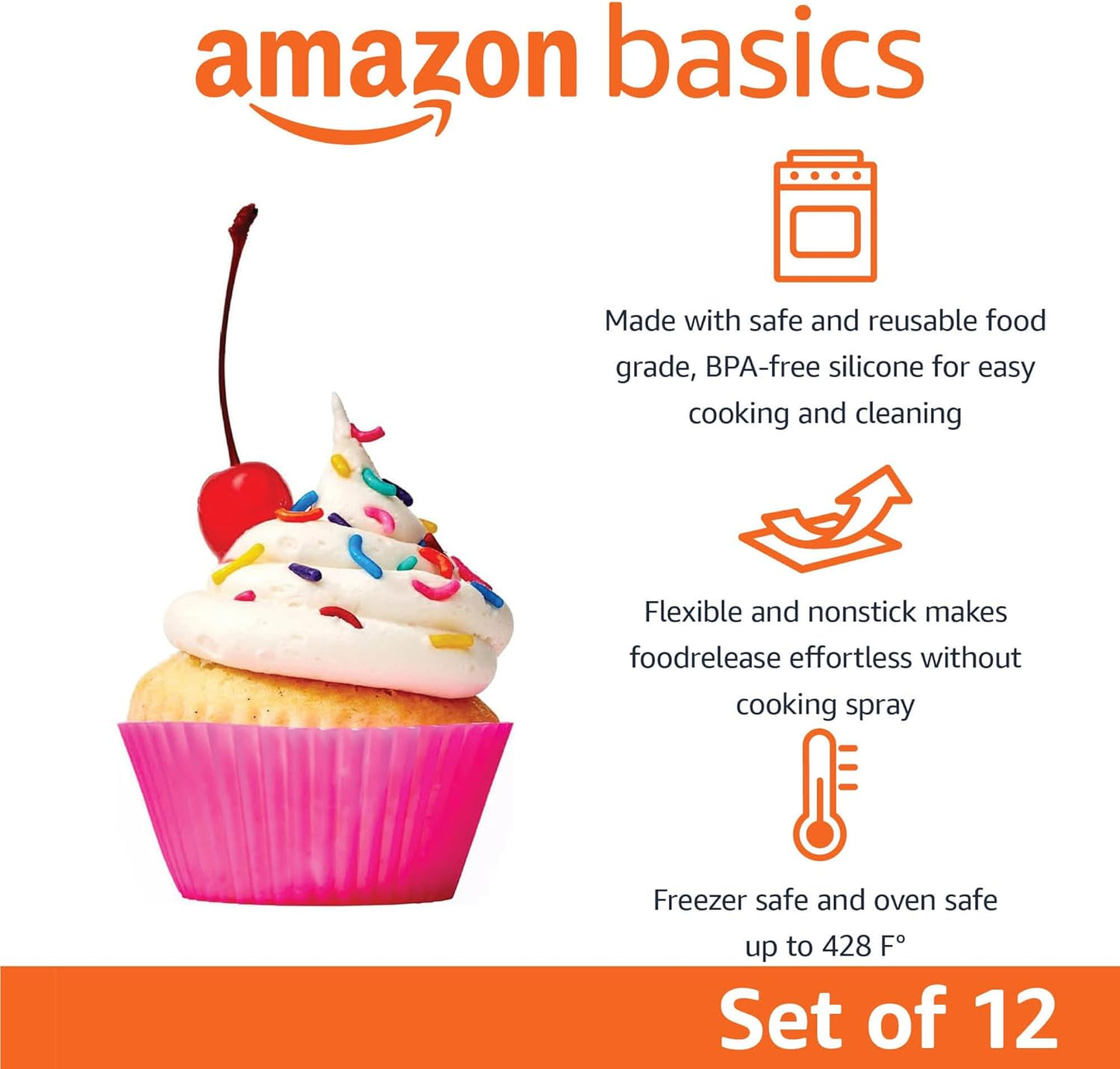 Amazon Basics Reusable Silicone Baking Cups, BPA Free Muffin Liners, Dishwasher Safe, 2.9 x 2.9 x 1.3 in (LxWxH), Multicolor, Pack of 12
