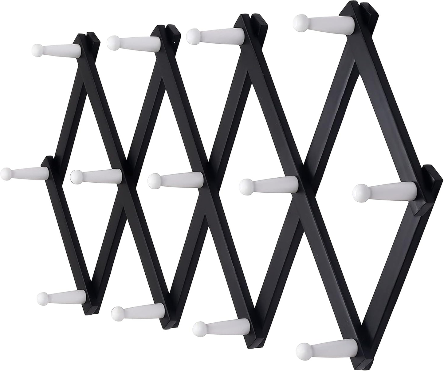 Dseap Accordian Wall Hanger: 16” High Wooden Wall Expandable Coat Rack, Hat Rack Holder, Accordion Hook for Baseball Caps, Coats, Mugs, 13 Peg Hooks, Black & White