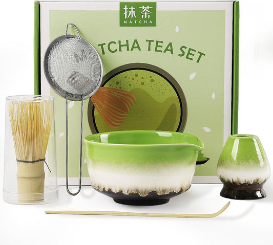 Matcha Set Includes Ceramic Matcha Bowl with Spout, Bamboo Whisk, Matcha Sifter, Matcha Whisk Holder, Bamboo Spoons, 5 Pieces Green Matcha Kit Gift for Tea Lovers