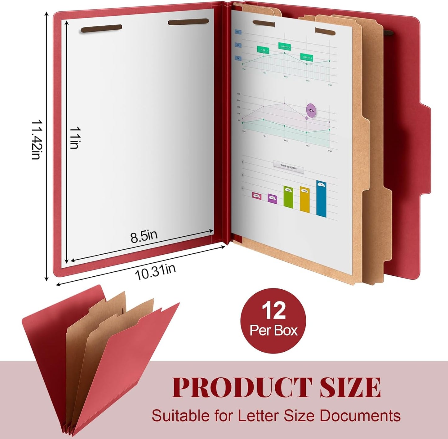 12 Pcs Classification Folders Letter Size Bulk - 2 Dividers Pressboard File Folder with 3. 5 Inch Expansion, 2 Prongs Fastener, Heavy Duty Office File Organizer for Teacher Medical (Dark Red)
