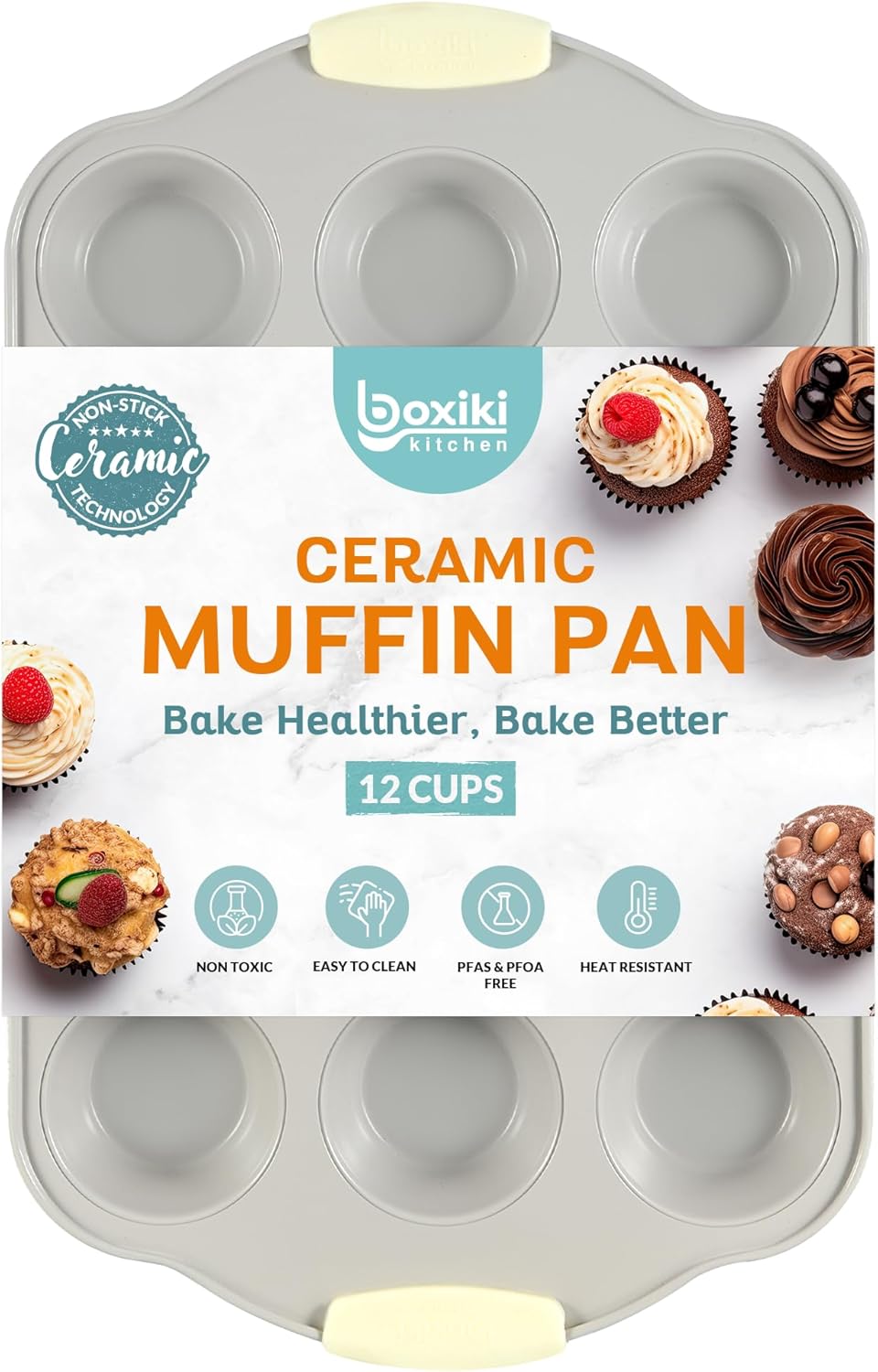 Boxiki Kitchen 12 Cups Ceramic Coated Muffin Pan for Baking - Durable Steel Frame Cupcake Pan w/Nonstick Surface - Professional Muffin Tray with Silicone Handles
