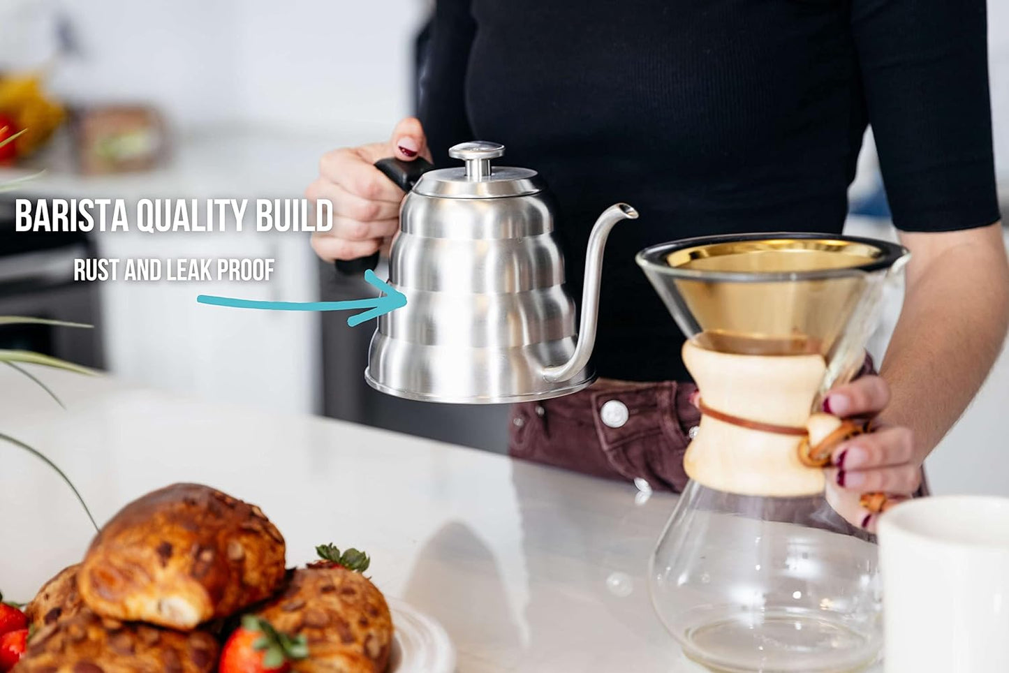 Barista Warrior Pour Over Coffee Kettle with Thermometer for Exact Temperature – Gooseneck Kettle for Pour Over Coffee and Tea, Stainless Steel for All Stovetops (1.0 Liter, 34 fl oz)