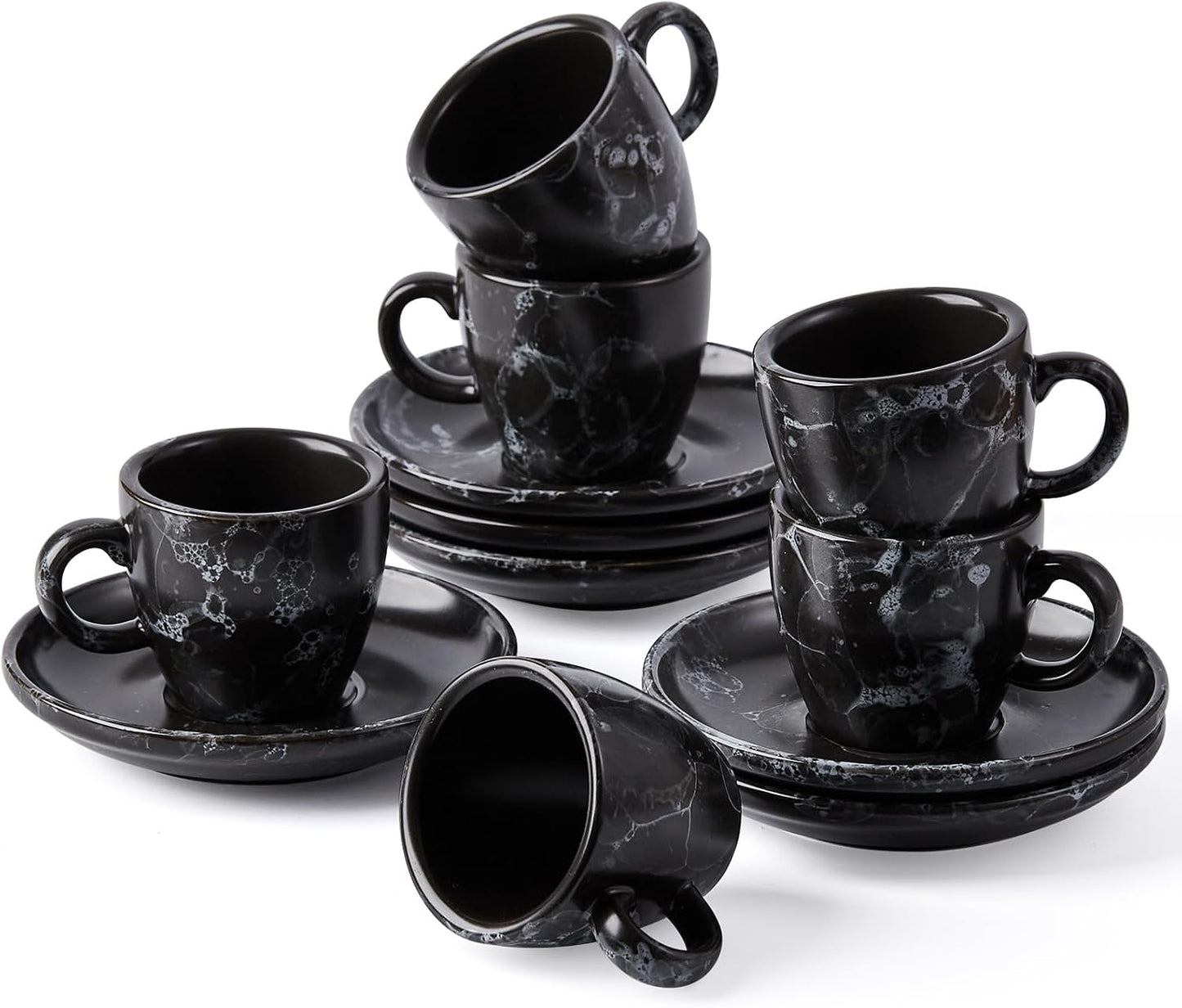 SIDUCAL Espresso Cups Set of 6,2 Ounce Ceramic Coffee Cups with Saucers,Porcelain Double Espresso Shot Cup Set,Gift Box for Boyfriend Gift(Black)