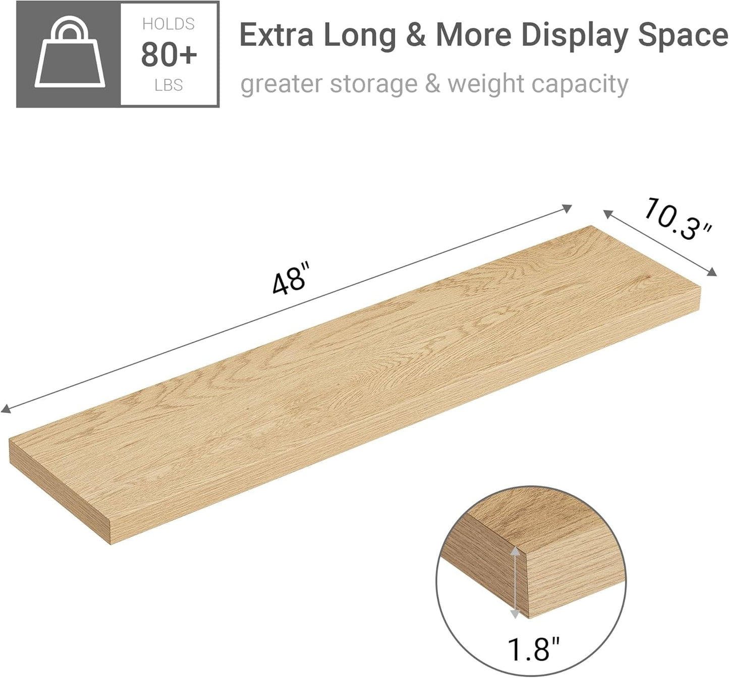 Vivelove Single Floating Shelves Oak 48 Inches, 48 x 10 inch Deep x 1.8 in Thick, Long Wall Shelves Heavy Duty 80 lbs for Bedroom, Living Room, Kitchen, Office, Modern Shelf Book Home Decor