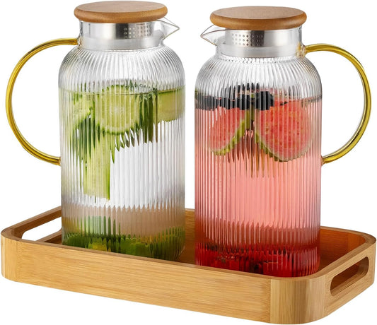 Glass Pitcher with Lid, 2 PACK 68 oz/2 Liter Vertical Water Pitcher With Serving Tray, Clear Borosilicate Glass Water Carafe for Cold Brew, Coffee, Lemonade, Iced Sun Tea,Beverage,Heat Resistant