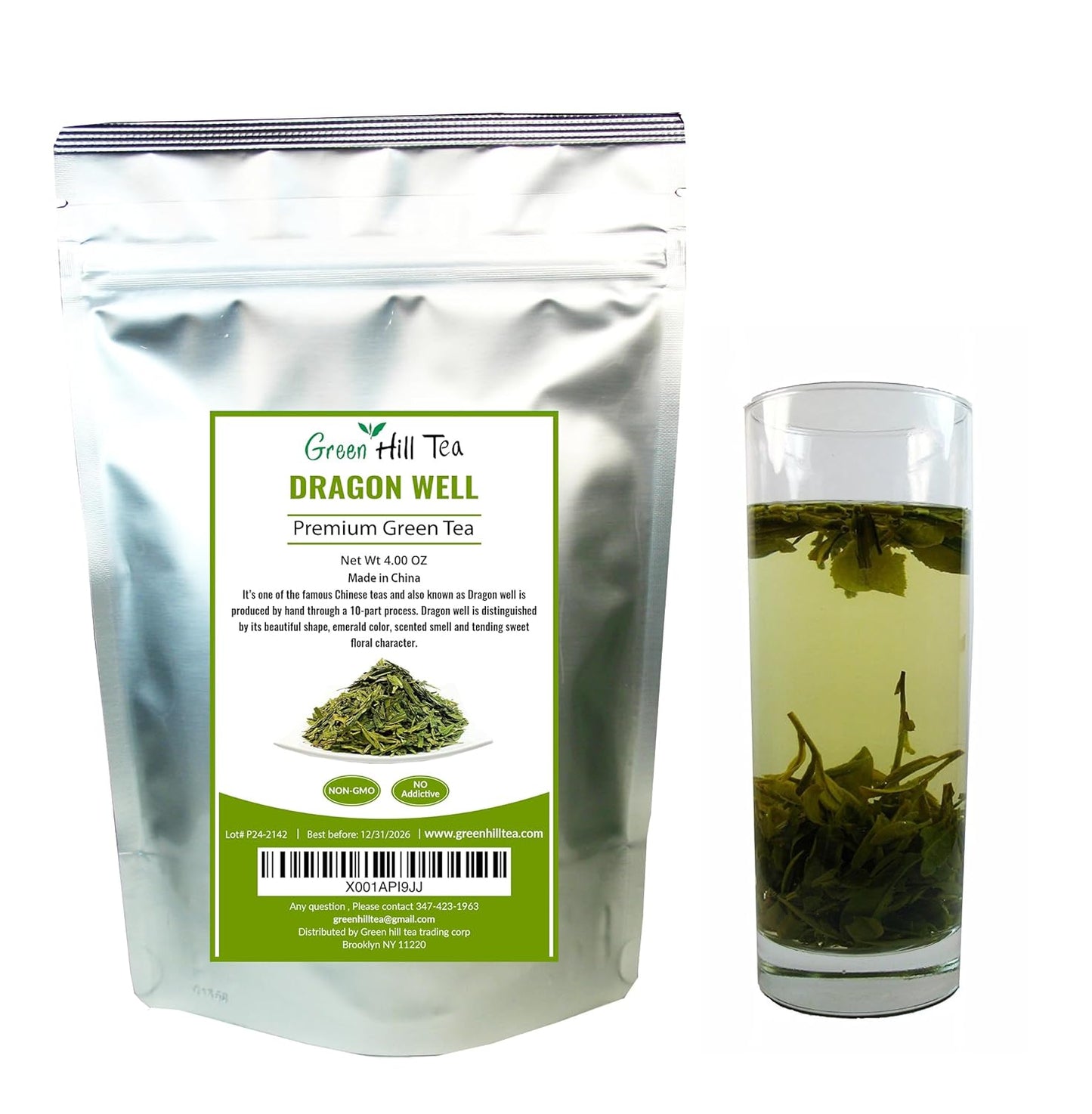 Greenhilltea Dragon Well green tea, a classic Chinese Green tea distinguished by its color, shape and taste- 4 OZ Bag