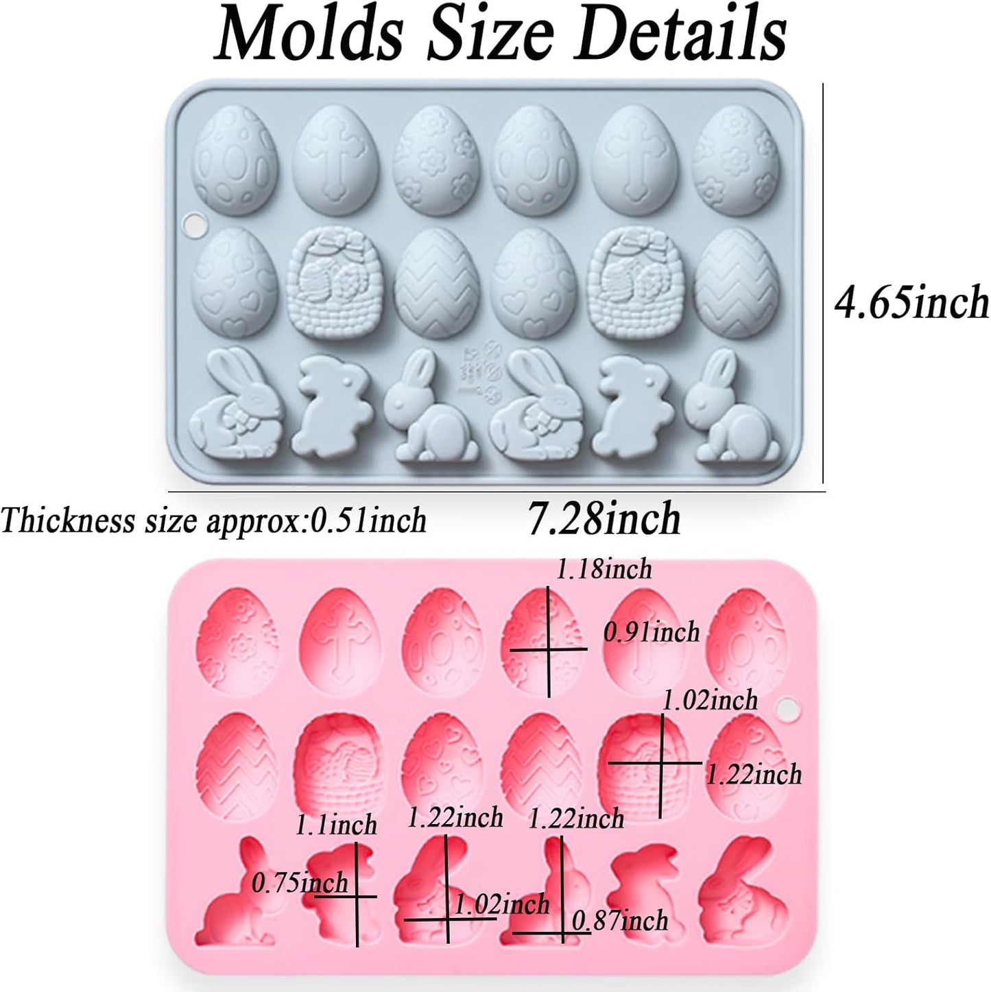 2 Pcs Egg Bunny Silicone Molds, 18-Cavity Baking Molds for DIY Cake Decoration,Chocolate, Pastry, Bread, Ice Cube, Soap, Jello, Easy Release, Reusable