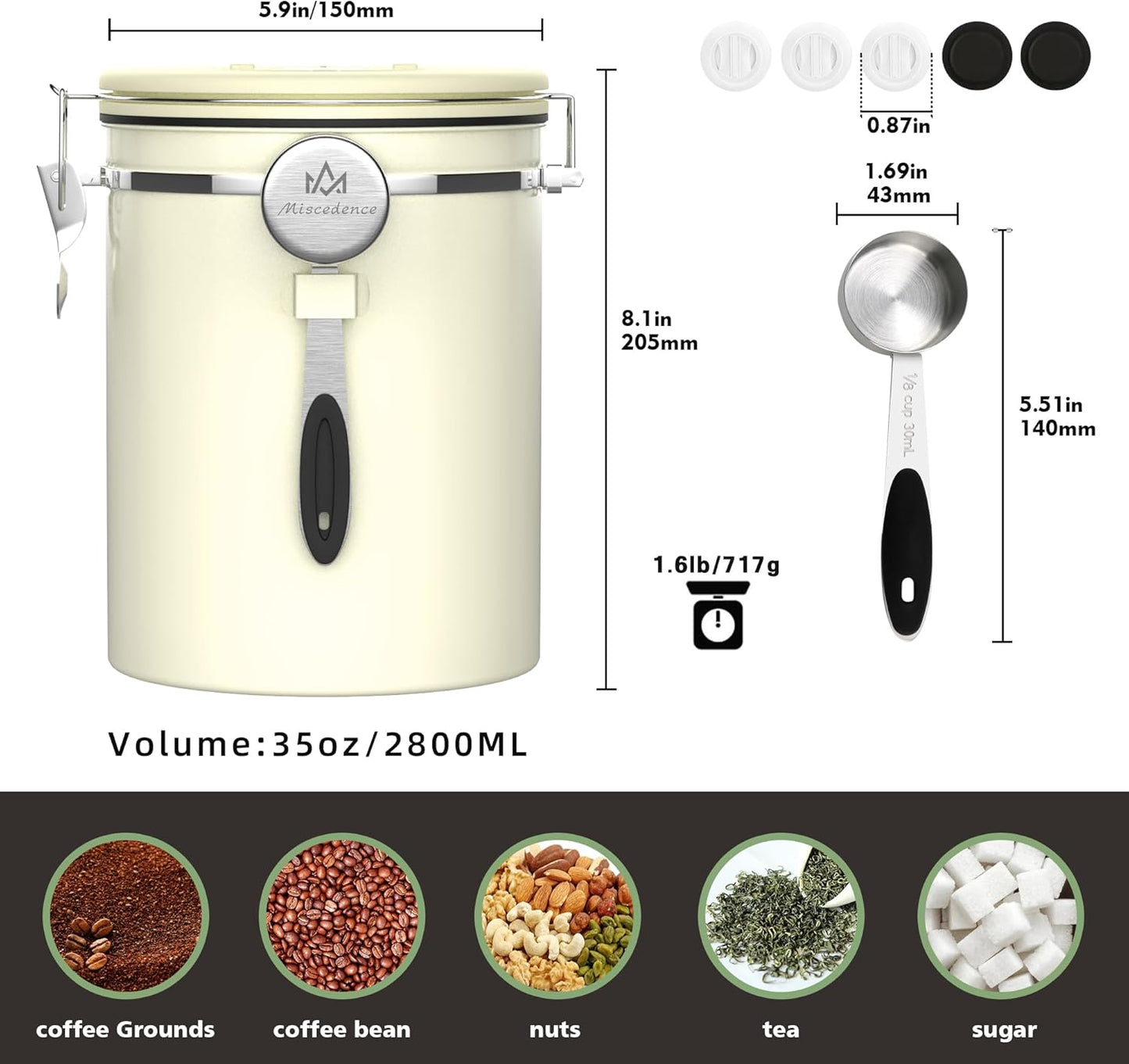 35OZ Coffee Canister for ground coffee with Date Tracker,beige 304 Stainless Steel Kitchen Food Airtight storage container for Coffee Beans or Grounds, Tea, Sugar