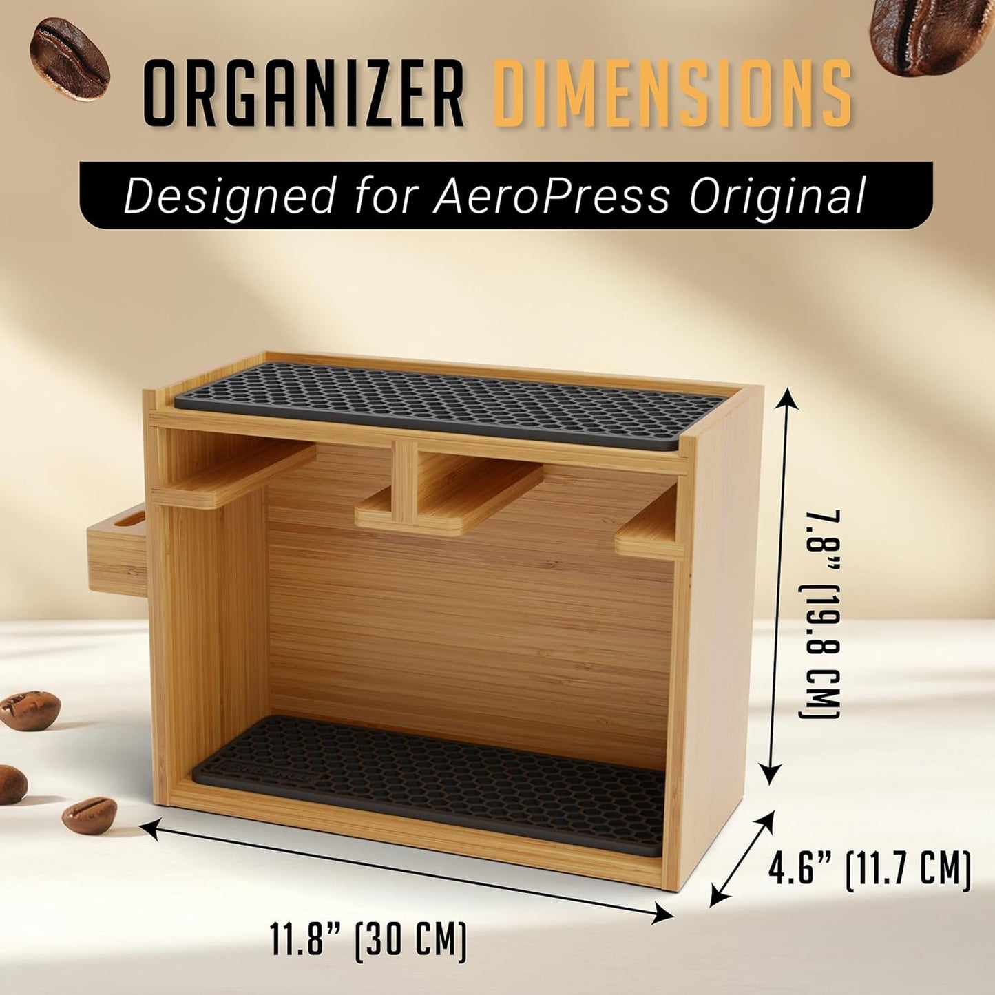 HEXNUB – Bamboo Organizer for AeroPress, Coffee Caddy Station Holds AeroPress Coffee Maker, Accessories, Filters, Cups, Stand includes Dripper Mats (Black)
