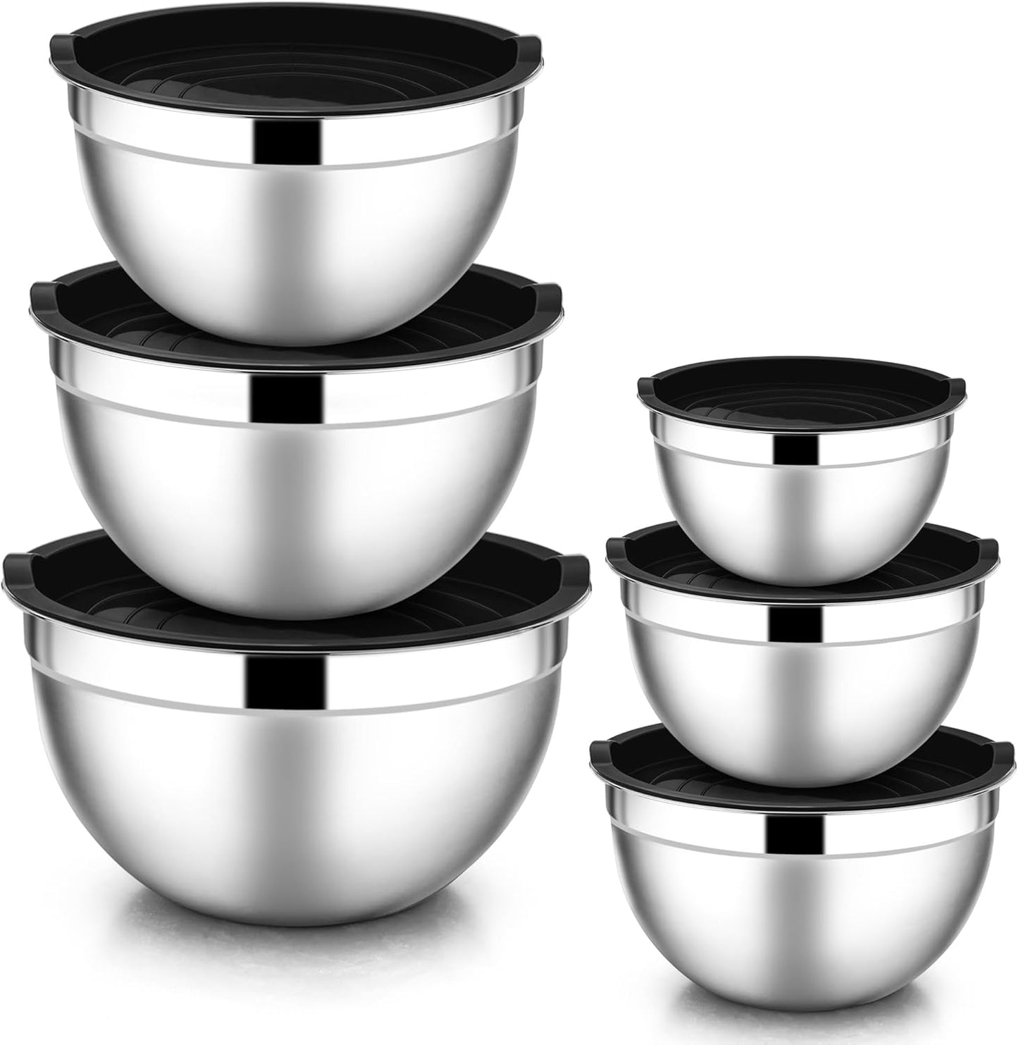 E-far Mixing Bowls with Lids, 12-Piece Stainless Steel Salad Bowls Metal Nesting Bowls for Baking Cooking and Prepping, Airtight Lids & Stackable Design, Size 7, 4.5, 3, 1.5, 1.2, 0.7 QT (Black)