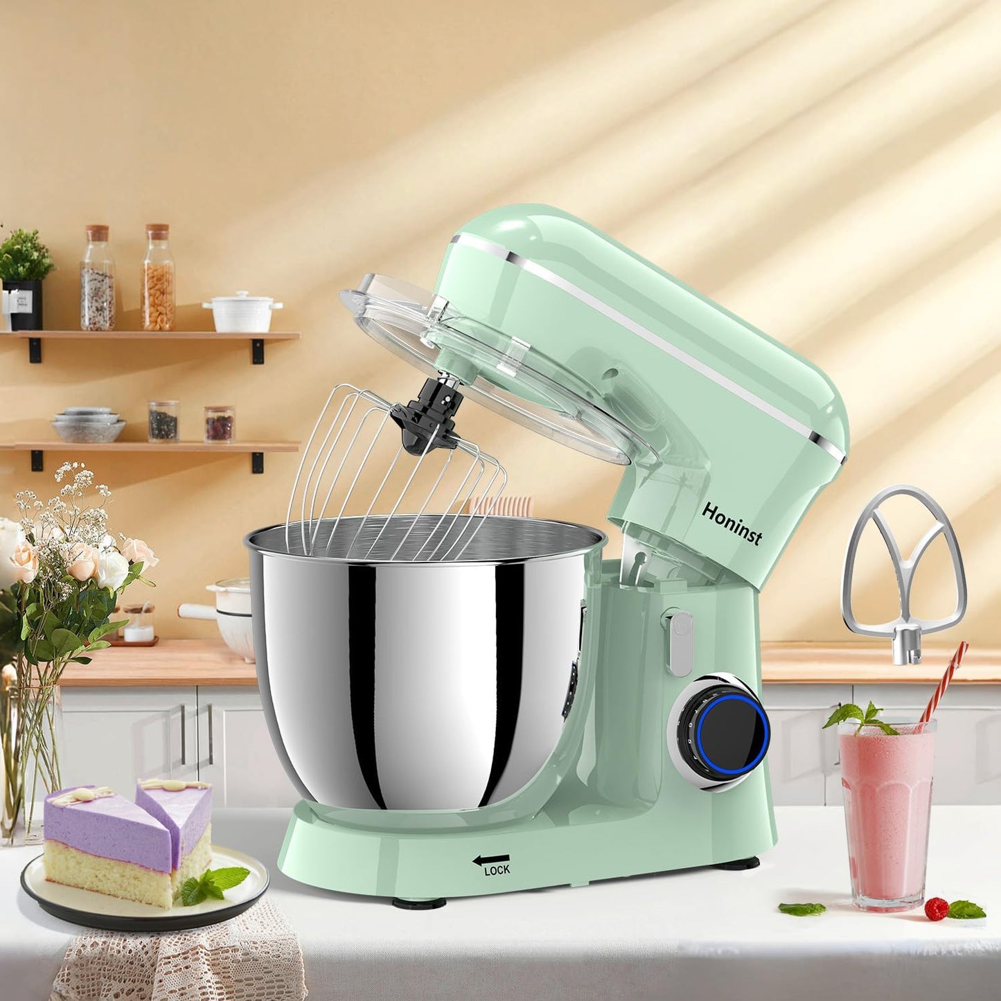 Stand Mixer, 6.5QT 10-Speed Tilt-Head Electric Stand Mixer, 3-In-1 Kitchen Mixer with Bowl, Dough Hook, Whisk and Beater, Food Mixer for Baking, Cake and Most Home Cooks, Light Green