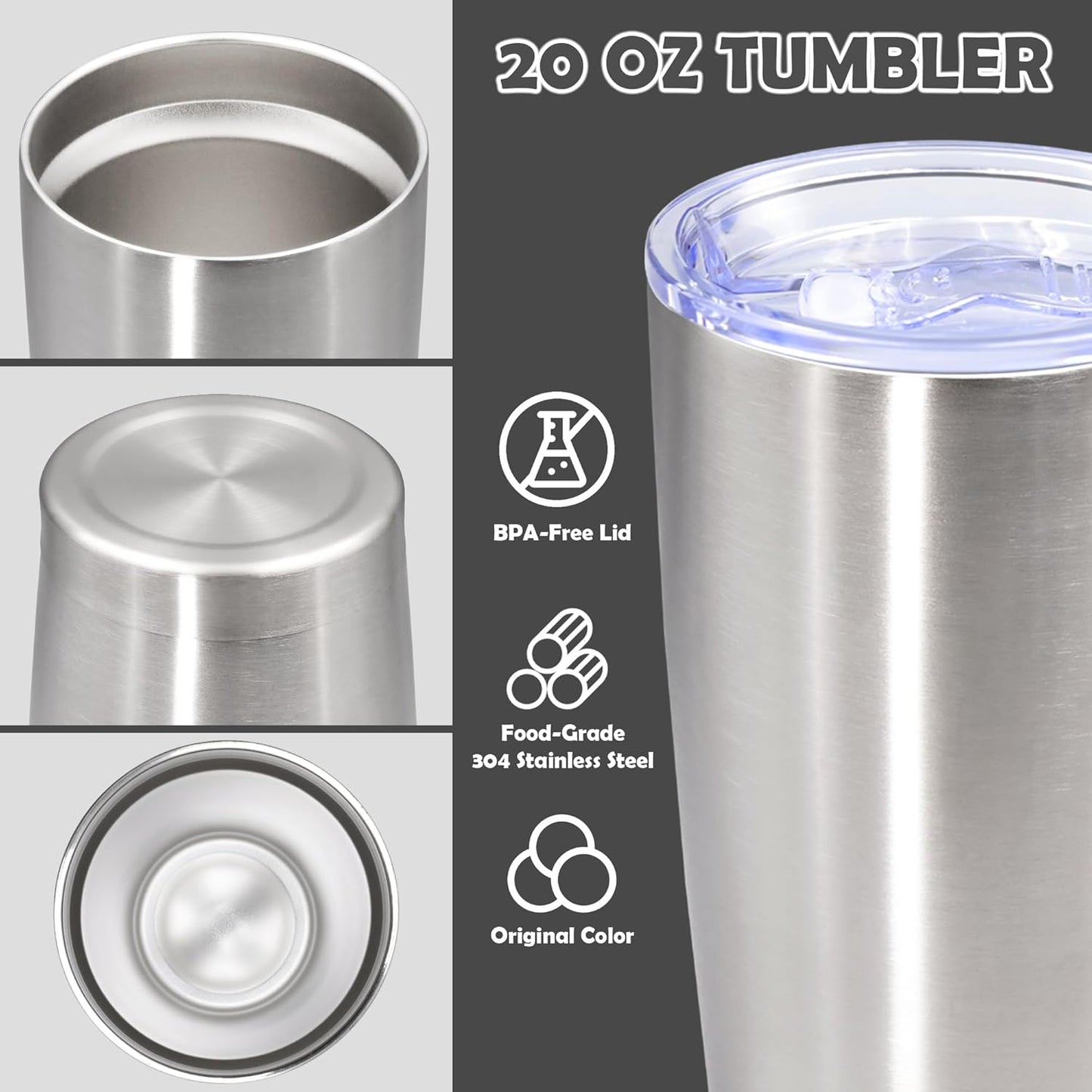 20oz Tumbler Bulk Stainless Steel Tumbler Cup with Lid Vacuum Insulated Double Wall Travel Mug, Durable Powder Coated Travel Coffee Tumbler Mug for Hot & Cold Drinks, Stainless Steel,8 Pack