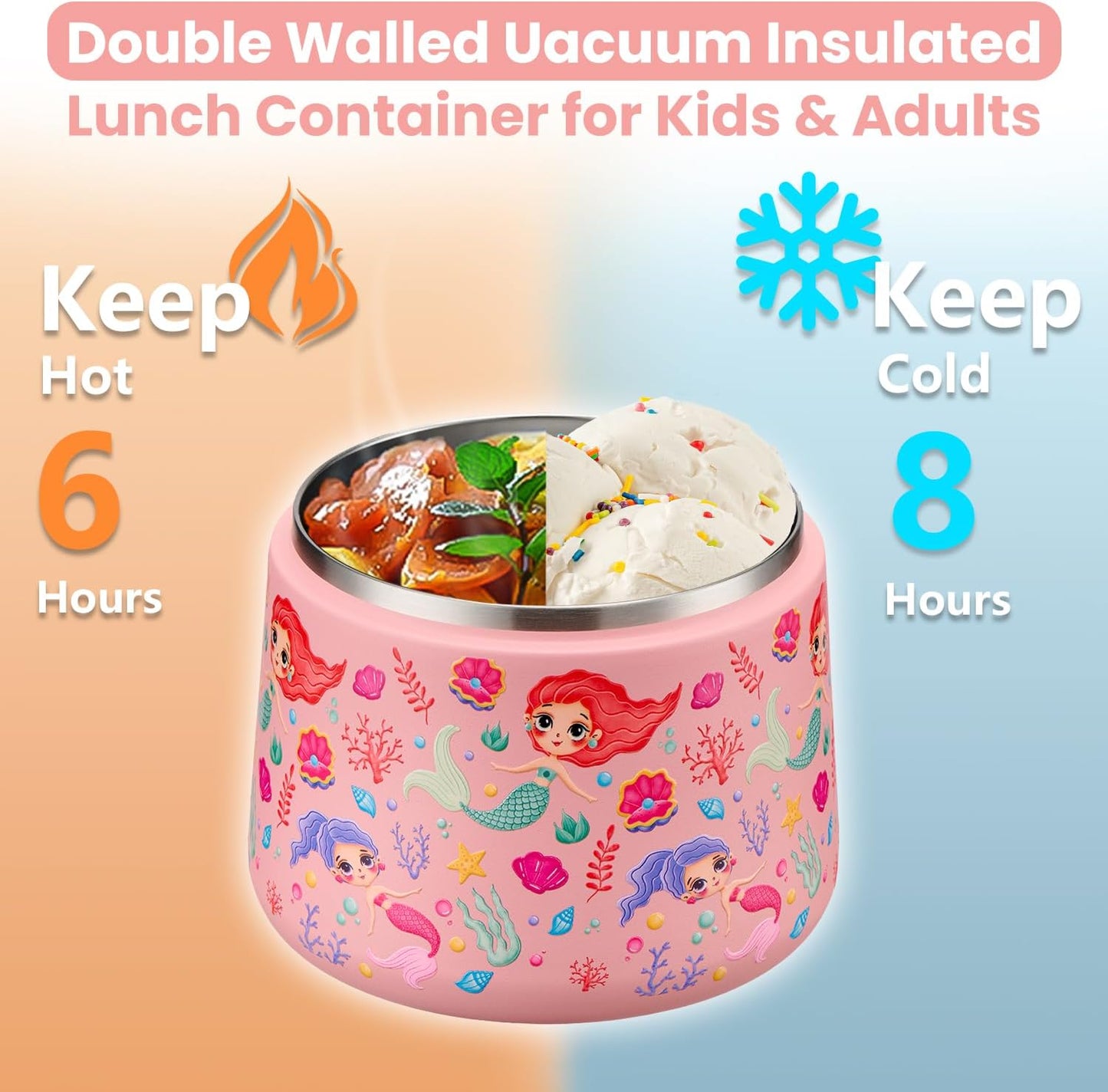 14oz Insulated Vacuum Food Jar with Buckle Lid,Soup Thermo for Hot Food Kids,Wide Mouth Leakproof Stainless Steel Lunch Container with Spoon-Mermaid