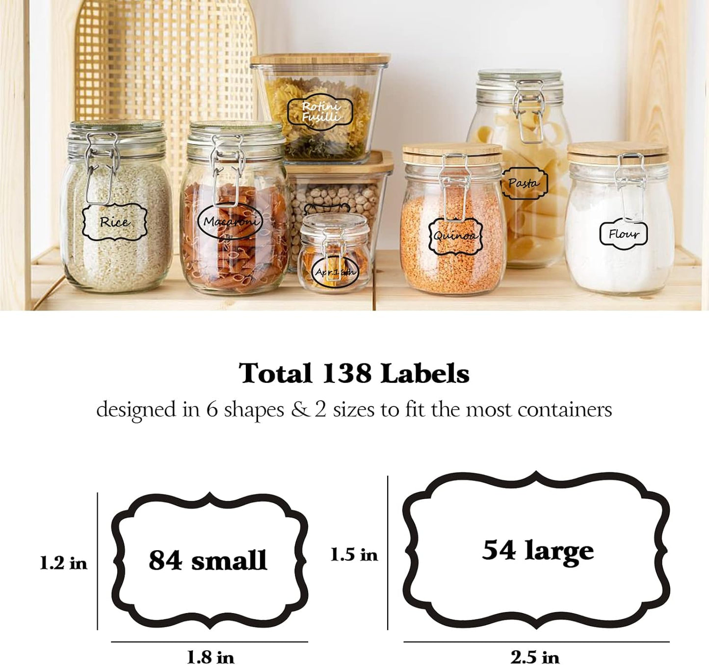Kitchen Pantry Food Containers Clear Labels with Black Border, 138 Waterproof Removable Write-on Sticker Labels Tags to Organize Spice Jars Condiment Flour Sugar Canisters Storage Bins, Free 2 Markers