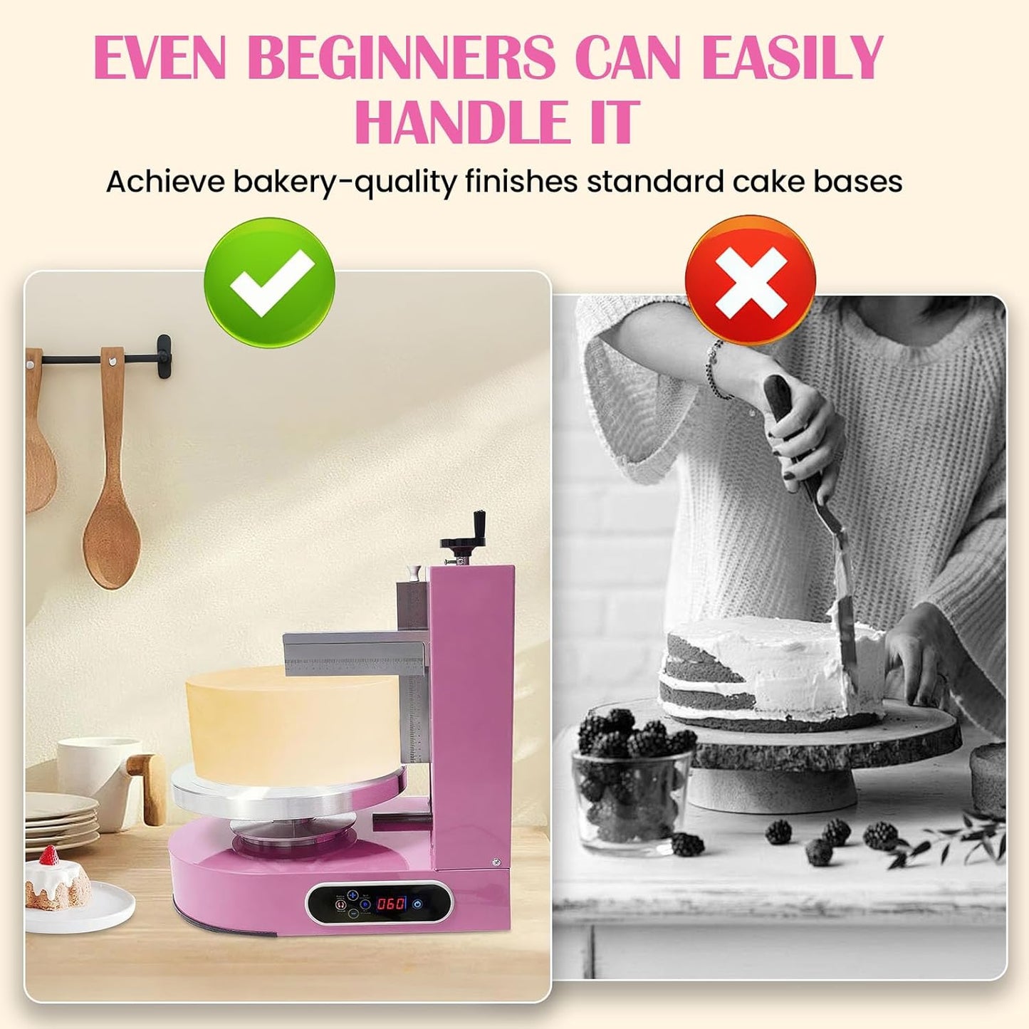 Cake Decorating Machine 200W Automatic, Tabletop Cake Cream Frosting Machine, Cream Smooth Coating Decoration Machine with LCD Display Type, Use for Cake Shops, Dessert Shops, Households (Pink)