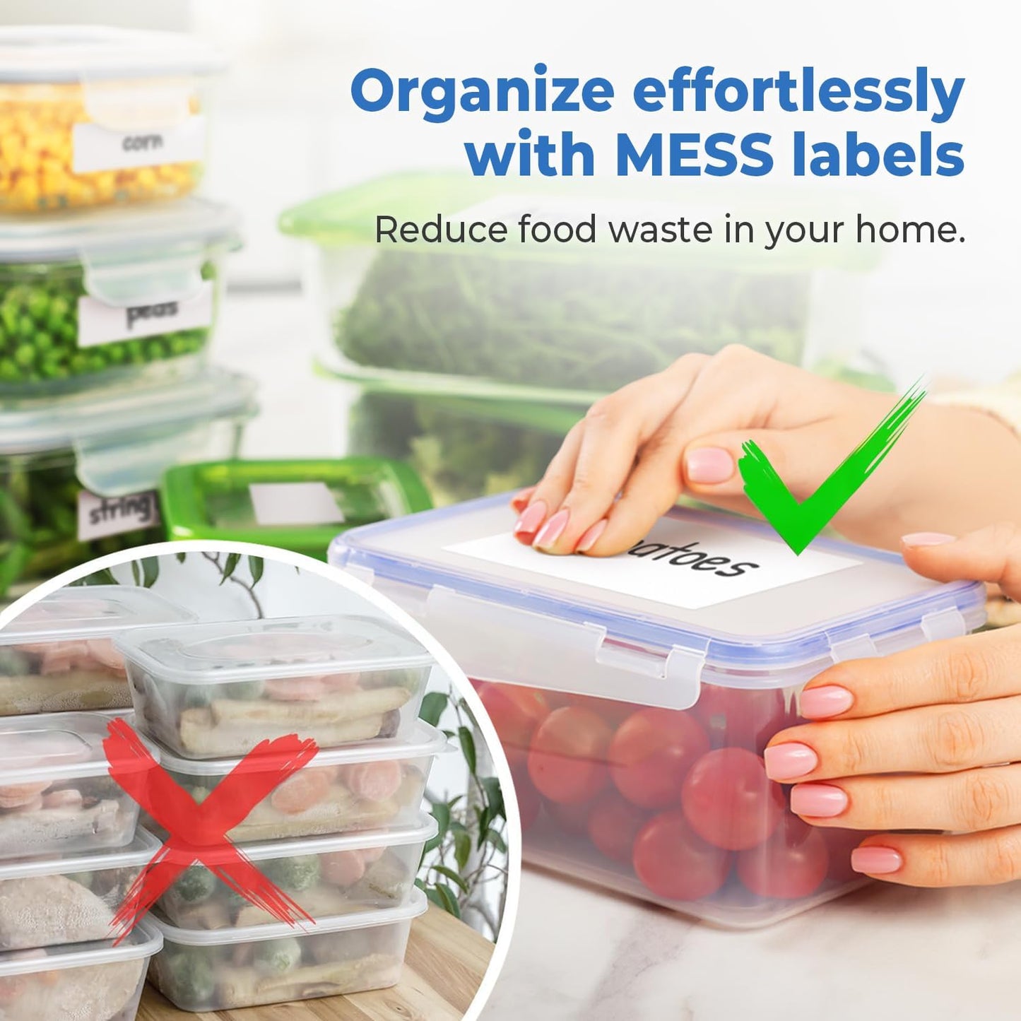 MESS Removable Food Labels for Containers (48-Pack) 3x4" Erasable Kitchen Labels for Organizing, Freezer & Fridge, White Dry Erase Labels for Jars