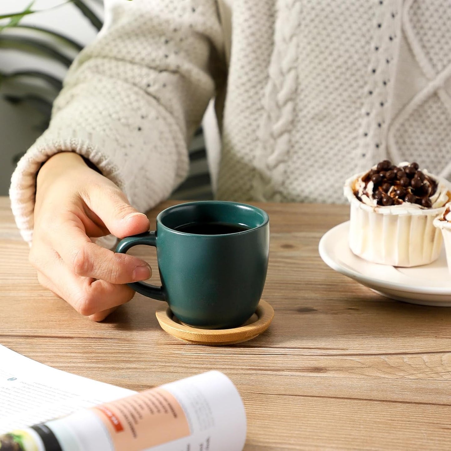 Hasense Stackable Porcelain Mini Espresso Cups and Saucers Set of 6, 4 OZ Ceramic Small Demitasse Espresso Shots Cups with Lids for Nespresso Lungo, Latte, Cafe Mocha and Tea, Green