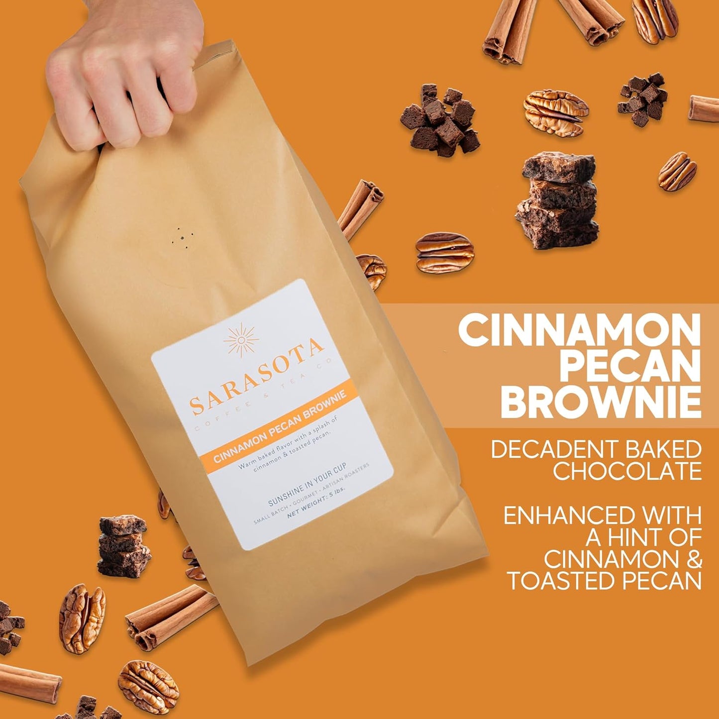 Sarasota Coffee Ground Cinnamon Pecan Brownie | Medium Roast Gourmet Flavored Coffee Grounds | Low Acid, Mold Free, Specialty Grade Flavored Bulk Ground | 5lb (80 oz)