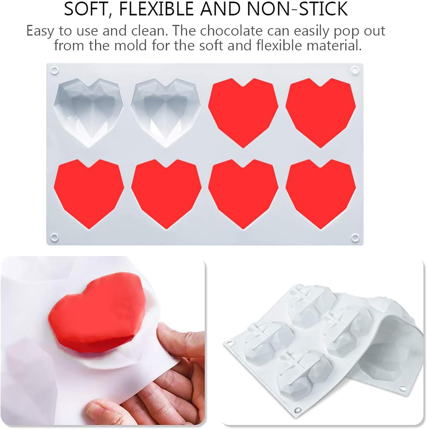 2 Pack Diamond Heart Silicone Mold, 8 Cavities & 6 Cavities Non-stick Easy Release Heart Shaped Silicone Mold Tray for Mousse Cake Dessert, Candy, Chocolate Mold