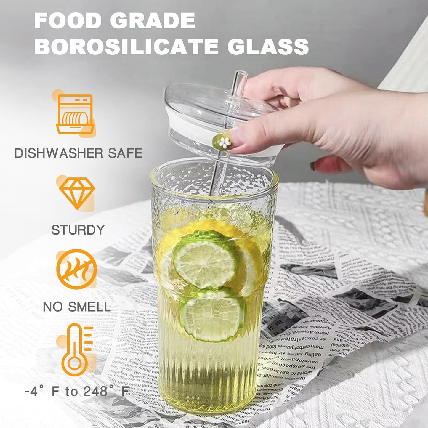 Glass Tumbler with Straw and Lid, 20 OZ Clear Iced Coffee Glasses Cups for Ice Water, Juice, Tea, Milk, Smoothie and Cold or Hot Drinks, Set of 2