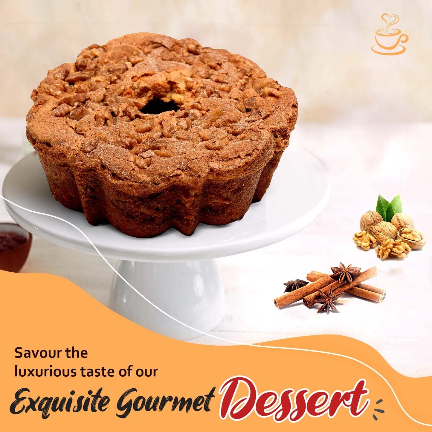 Traditional Cinnamon Walnut Coffee Cake - Cinnamon Streusel and Chopped Walnuts Toppings - Delicious Recipe of Coffee Cakes for Special Occasions - 1.75 Pounds