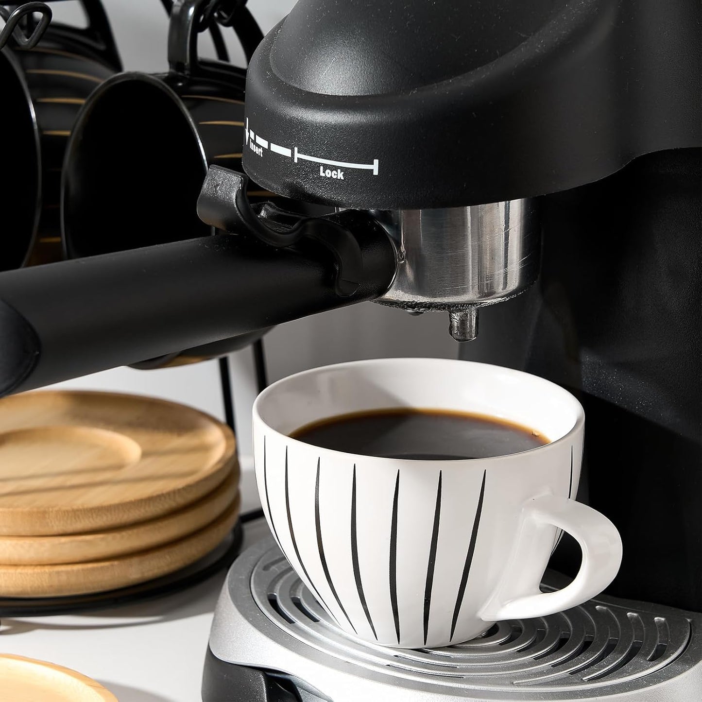 LUKA Ceramic Demitasse Espresso Cups Set with Saucers and Metal Stand, 8 oz Porcelain Cappuccino Cups Teacup For Tea, Espresso, Latte, Coffee, Cafe Mocha, Set of 4, Stripe White & Black