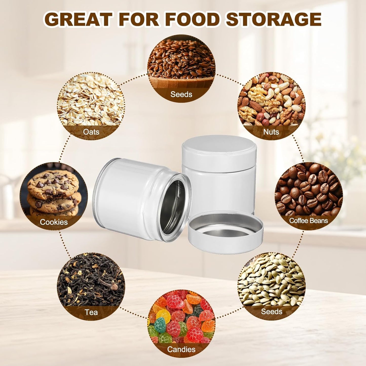uxcell 2Pcs Round Tea Canisters, 3" x 3" Airtight Metal Tea Containers for Loose Tea, Coffee Beans, Spices - Durable, Compact, and Stylish Storage Tea Tin (White)