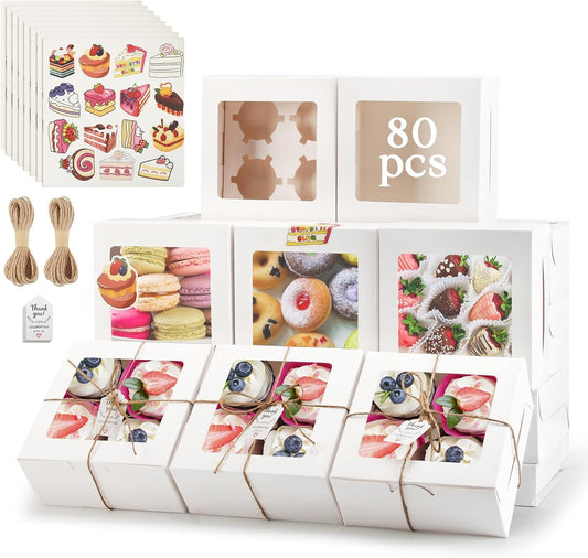 OAMCEG 80 Pack Cookie Boxes with Window 6x6x3 Inches White Cupcake Boxes, Bakery Treat Boxes with Stickers & Twine for Pastry, Desserts, Strawberries, Cupcakes, Gift Giving