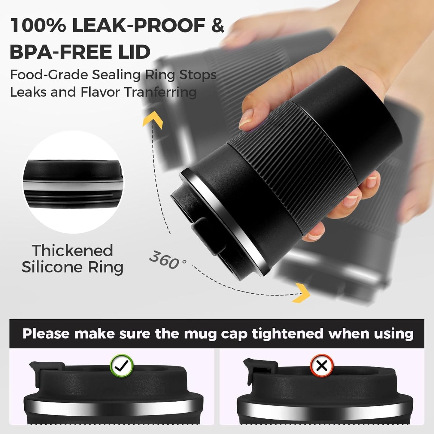 Volhoply 13 oz Stainless Steel Insulated Travel Coffee Mug with Fip Lid Bulk 8 Pack,Reusable Double Wall Vacuum Metal Coffee Cup,Portable Leak Proof Thermal Tumbler for Hot & Cold Drinks(Black,8)