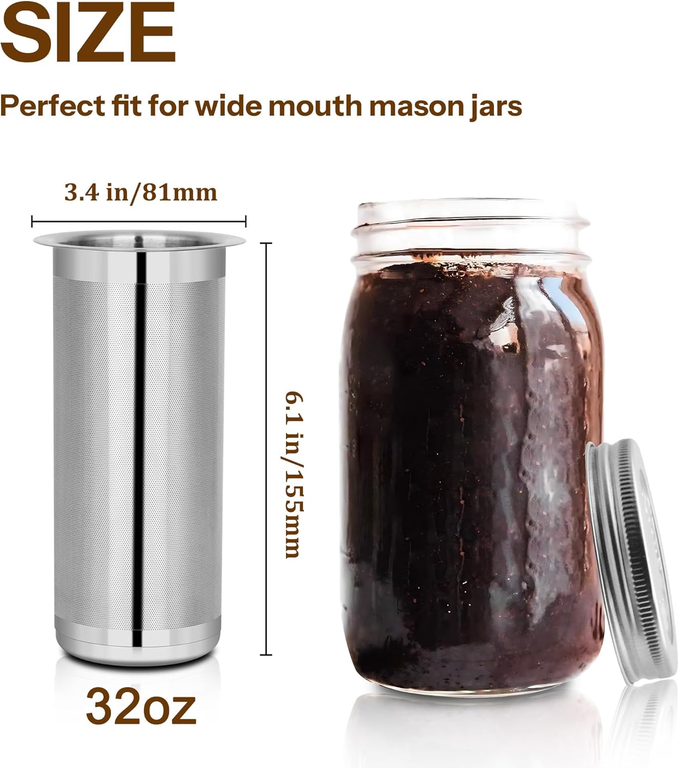 Cold Brew Coffee Filter for 1 Quart Wide Mouth Mason Jar, Double Layer 304 Stainless Steel Filter Ultra Fine Mesh for Cold Brew, Iced Coffee and Iced Tea