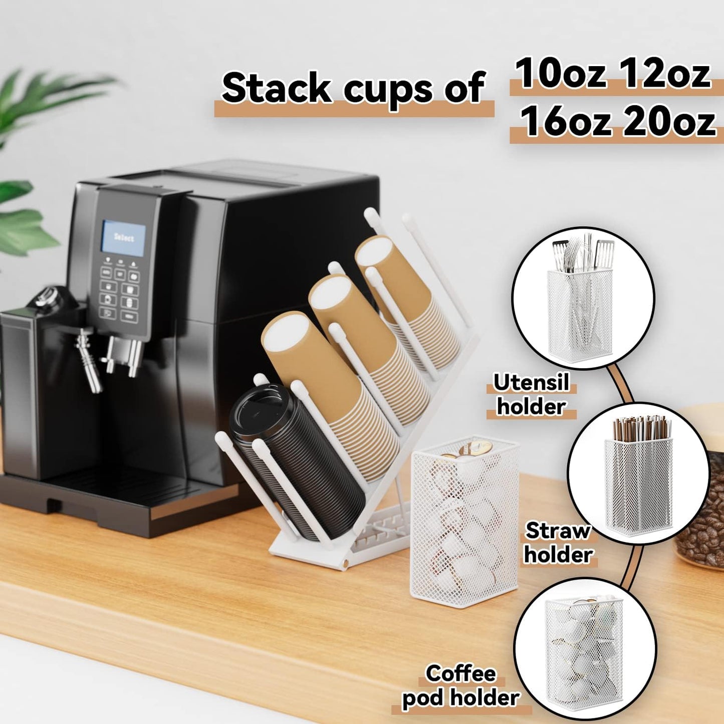 OVICAR Cup and Lid Holder - Adjustable Coffee Cup Holder Organizer 4 Compartment Disposable Cup Dispenser with Coffee Pod Straw Storage Basket for Coffee Station Bar Countertop Breakroom Metal White