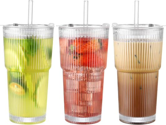 20 oz Glass Cup with Lid and Straw, Glass Tumbler with Straw and Lid, Vintage Glassware for Whiskey Cocktail Beer, Iced Coffee Cups with Lid (3 PACK)