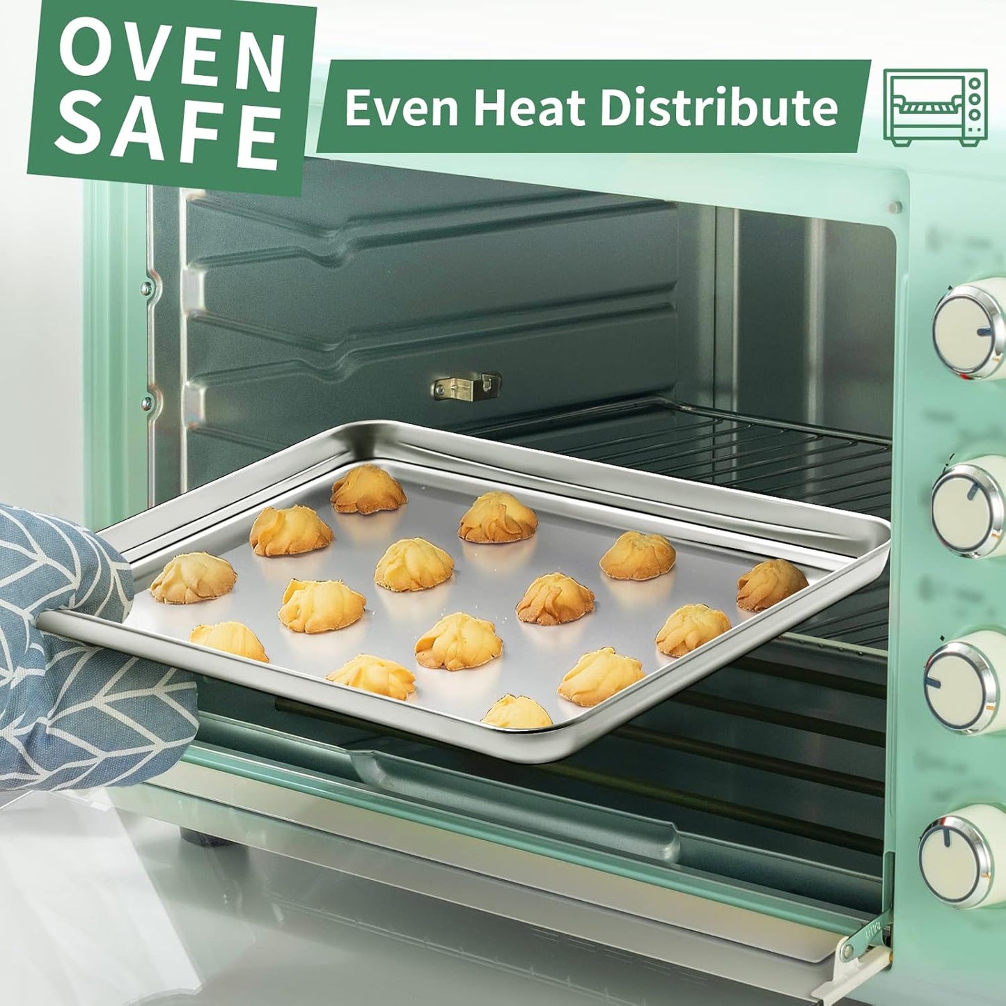 Baking Sheets Set of 2, HKJ Chef Cookie Sheets 2 Pieces & Stainless Steel Baking Pans & Toaster Oven Tray Pans, Rectangle Size 16 x 12 x 1 inch, Non Toxic & Healthy & Easy to Clean