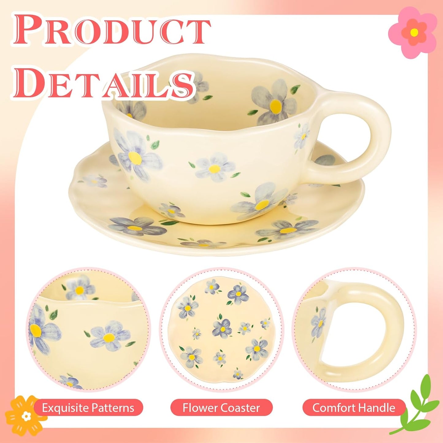 Cappuccino Cups with Saucers 8 oz Latte Art Cup Ceramics Coffee Mugs Irregular Aesthetic Flower Cups for Espresso, Double Shot, Americano, Latte, Tea - Microwave and Dishwasher Safe (Blue Flowers)