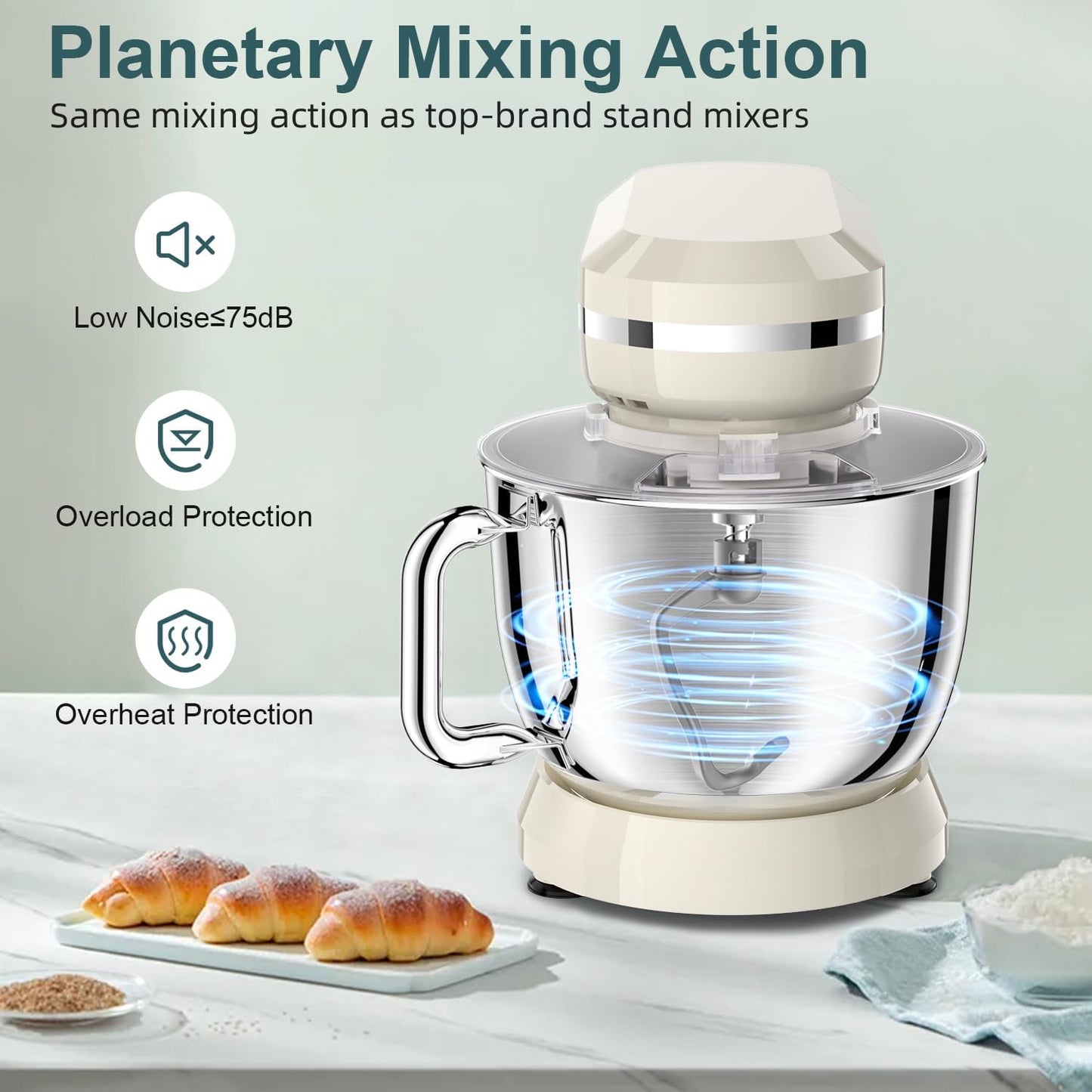 HOWORK Electric Stand Mixer,10+p Speeds With 6.5QT Stainless Steel Bowl,Dough Hook, Wire Whip & Beater,for Most Home Cooks,Cream White