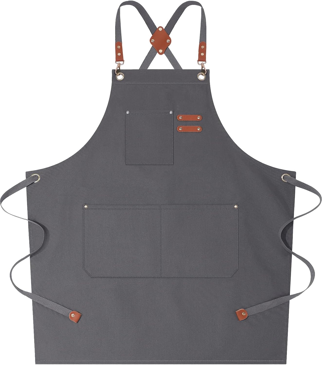AFUN Chef Aprons for Women Men with Large Pockets, Cotton Canvas Cross Back Water Repellent Work Apron, Size M to XXL (Grey)