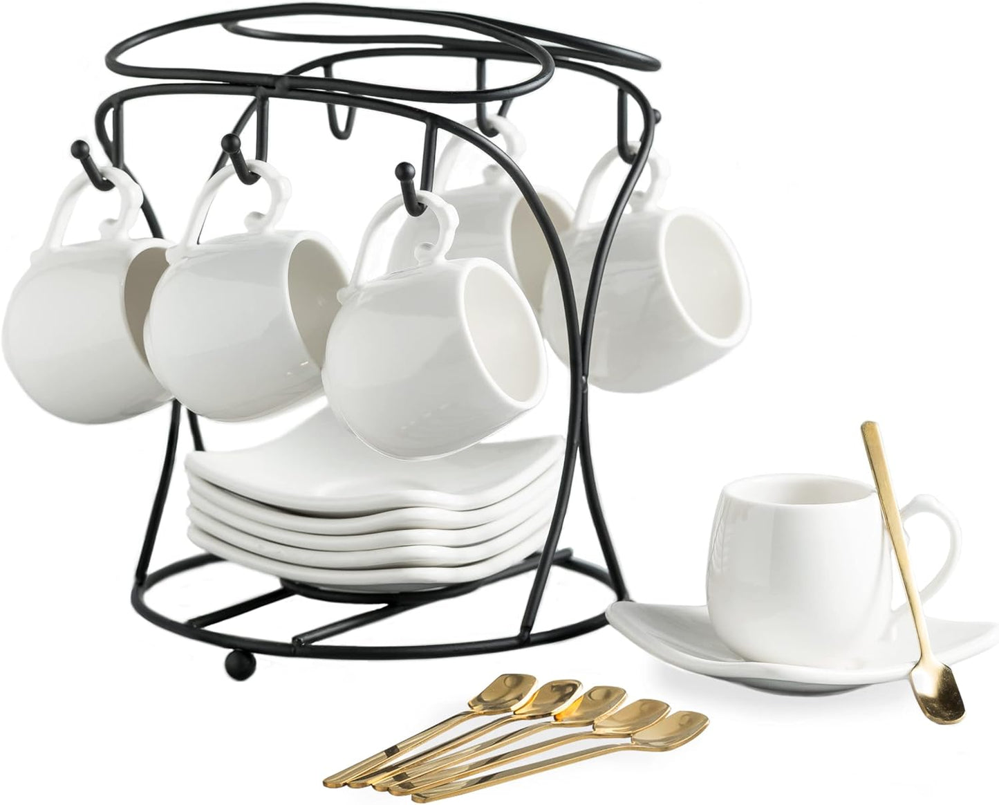 LYEOBOH Espresso Cups with Saucers Set, Porcelain Coffee Cups and Metal Stand and Spoons, Small Demitasse Cups for Espresso, Latte, Cafe Mocha, Cappuccino, and Tea, 3 OZ, Set of 6, White