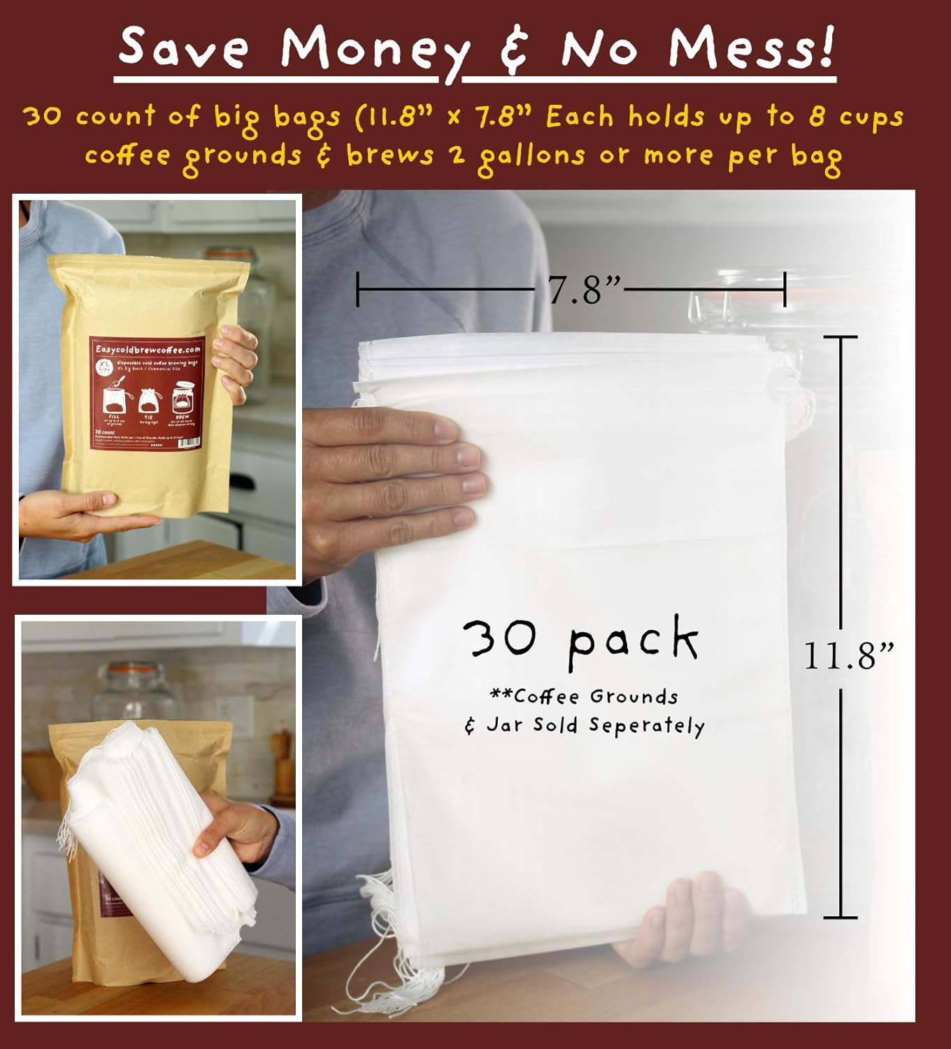 Cold Brew Coffee Filters -Single Use Filter Sock Packs, Disposable, Biodegradable Fine Mesh Brewing Bags for Concentrate, French/Cold Press Kit, Tea in Mason Jar or (30 Pack - Commercial Size)