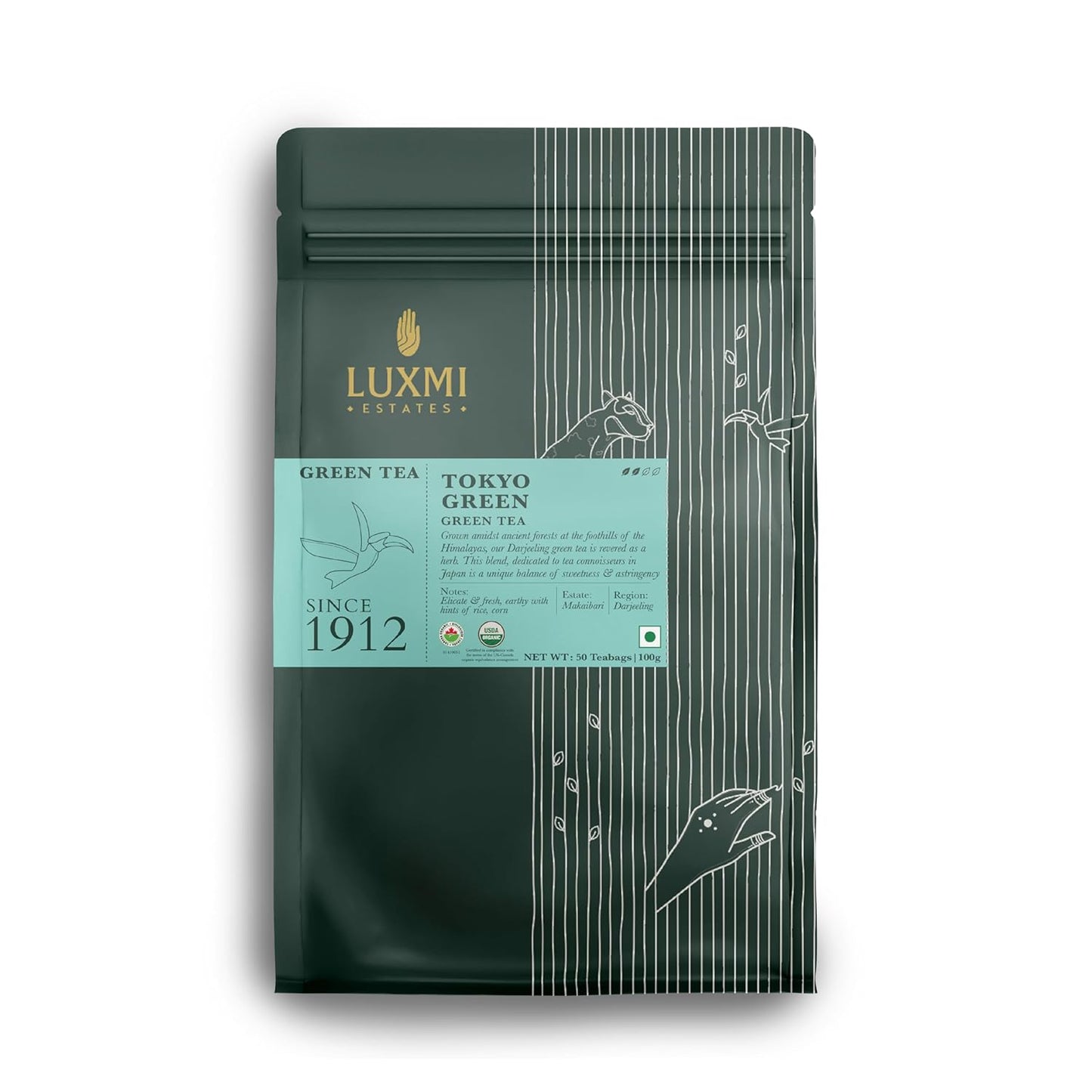 Luxmi Estates Tokyo Green Organic Green Tea (50 Tea Bags) Tea Bags For Relaxing, Calming, and Stress Relief, With Certified Organic Darjeeling Makaibari Green Tea