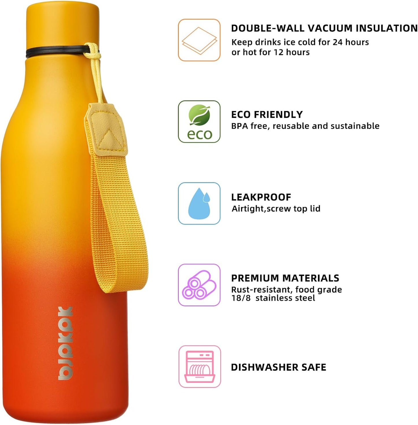 BJPKPK Insulated Water Bottles, 18 oz Stainless Steel Metal Water Bottle with Strap, BPA Free Leak Proof Thermos, Mugs, Flasks, Reusable Water Bottle for Sports & Travel, Sunset Orange