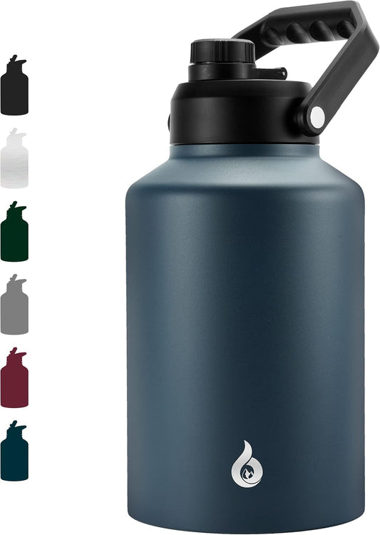 BJPKPK One Gallon(128 oz) Insulated Water Bottle, Dishwasher Safe Stainless Steel Thermos, BPA Free Jug with Ergonomic Handle & Anti-slip Bottom, Large Water Bottle, Navy Blue