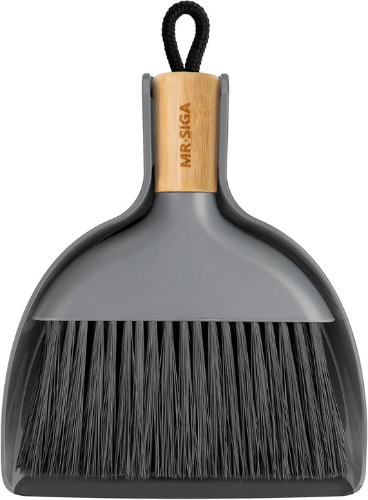 MR.SIGA Mini Dustpan and Brush Set, Portable Cleaning Brush and Dustpan Combo with Bamboo Handle, Gray, 1 Set