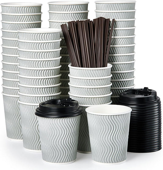 MUCHII 8 oz Disposable Paper Coffee Cups, 100 Count Insulated Ripple To Go Cups With Lids and Straws for Tea, Hot Chocolate, and Drinks