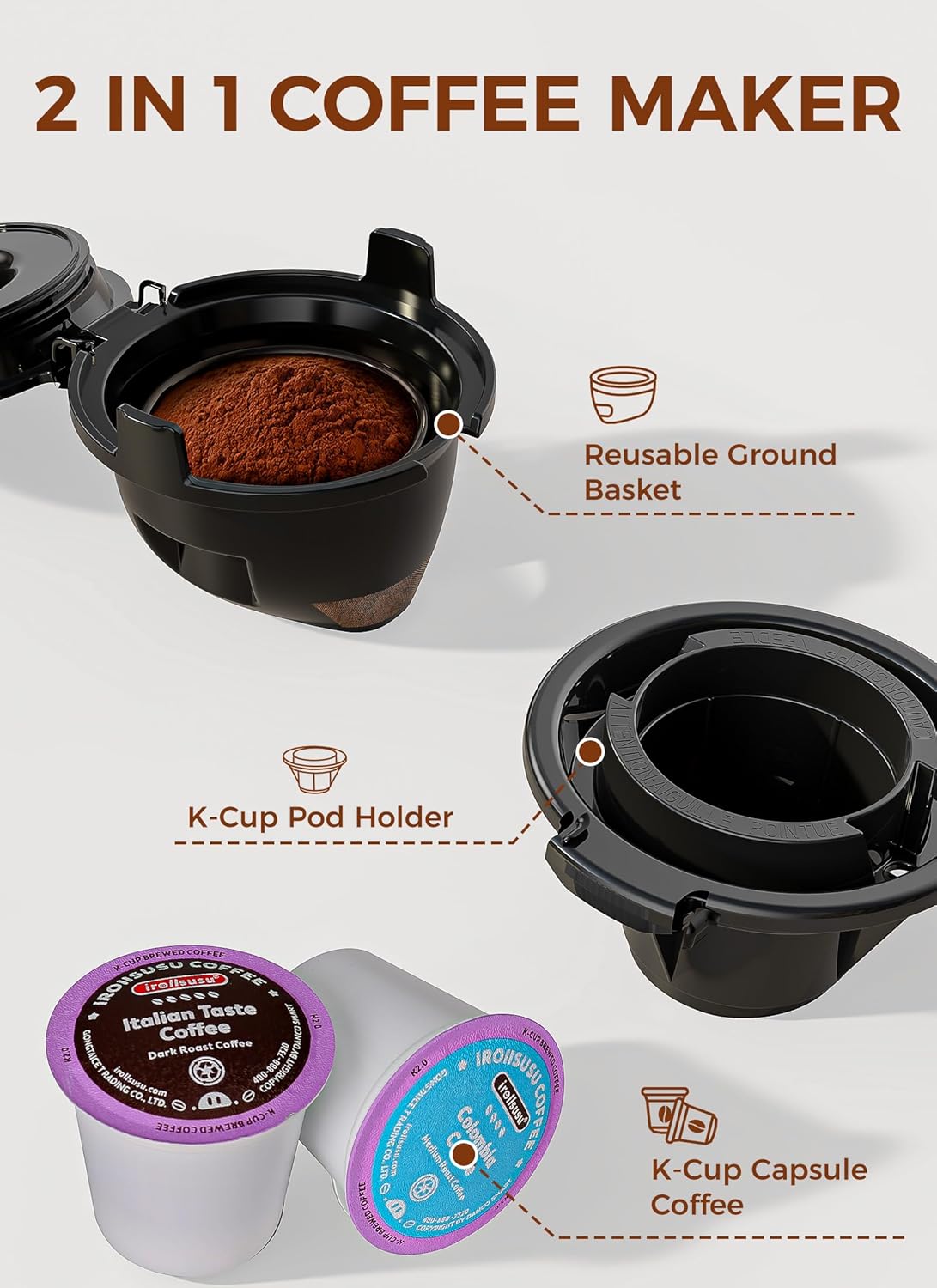 COWSAR Single Serve Coffee Maker, K Cup Coffee Brewer for Capsule and Ground Coffee, Capsule Coffee Machine with 40 Oz Water Tank, Instant-Heat, 5 Brew Sizes Up To 14 Oz, Black