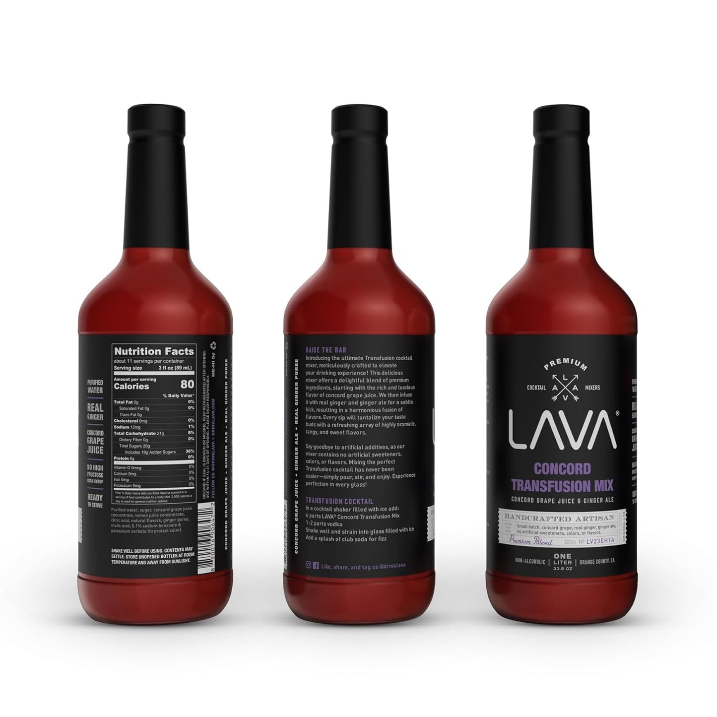 (3 Pack) LAVA Premium Concord Transfusion Mix made with concord grape juice, real ginger, ginger ale, no artificial sweeteners, 1-Liter (33.8oz) Glass Bottle, Ready to Use.